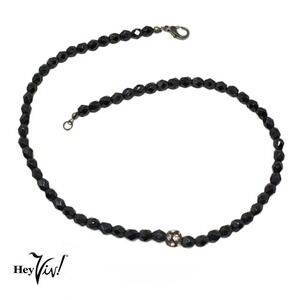 Vintage Single Strand Black Glass Bead & Rhinestone Choker Necklace 17" -Hey Viv
